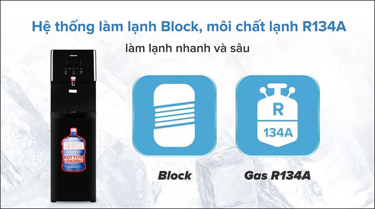 Cây nước nóng lạnh Toshiba RWF-W1830BV(K) 650W sở hữu hệ thống làm lạnh Block giúp mang đến nguồn nước mát lạnh nhanh