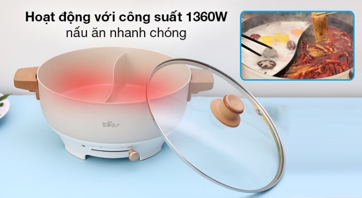 Nồi lẩu điện Bear DHG -C50K1 5 lít hoạt động với công suất 1360W, nấu chín thức ăn nhanh chóng, tiết kiệm thời gian, giảm hao phí điện năng tối đa