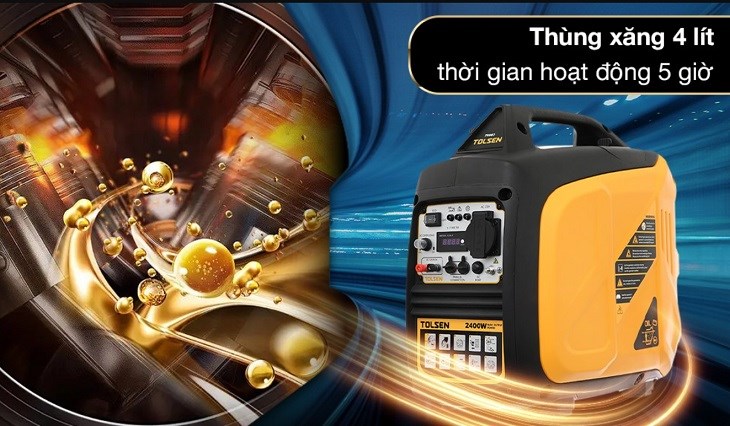 Máy phát điện chạy xăng Tolsen 79987 2200W có thùng xăng 4 lít, khi bộ lọc gió bị bám bẩn nhiều có thể khiến cho máy sử dụng nhiều nhiên liệu hơn để đốt cháy