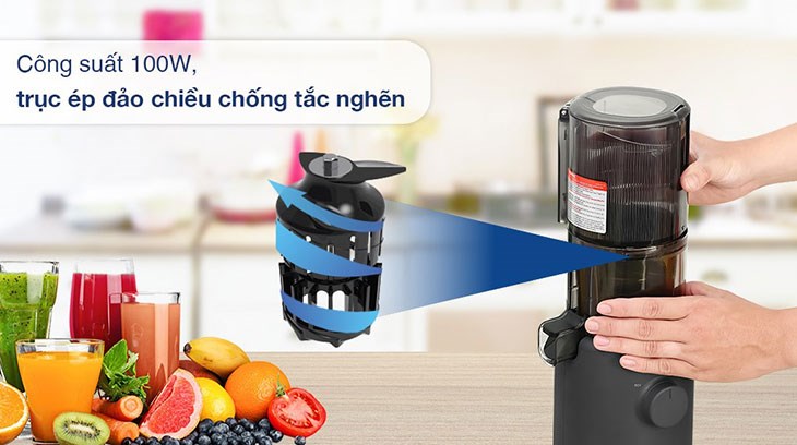 Máy ép chậm Hurom H310A-CL trang bị công suất 100W, gồm 1 tốc độ và 1 chức năng đảo ngược chiều trục ép chống tắc nghẽn