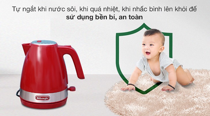 Bình đun siêu tốc Delonghi 1 lít KBLA2000.R được trang bị tính năng tự ngắt nhiệt khi nhấc bình, đảm bảo an toàn khi sử dụng