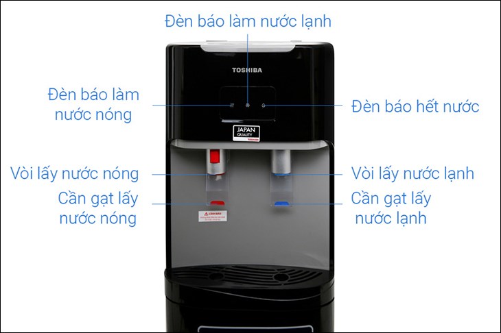 Cây nước nóng lạnh Toshiba RWF-W1669BV(K1) 650W có đèn báo nóng, lạnh và đèn báo hết nước riêng, giúp người dùng dễ dàng theo dõi máy