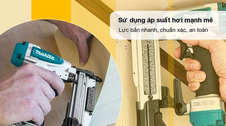 Máy bắn đinh Makita AF353Z có áp suất hơi mạnh mẽ tạo lực bắn nhanh, chuẩn xác, an toàn và tăng hiệu quả công việc