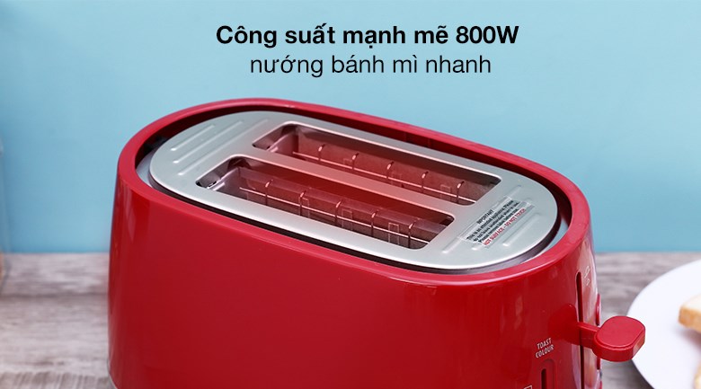 Máy nướng bánh mì Delonghi CTLA2103.R hoạt động với công suất 800W, công nghệ làm nóng bằng thanh nhiệt 2 bên giúp nướng nhanh