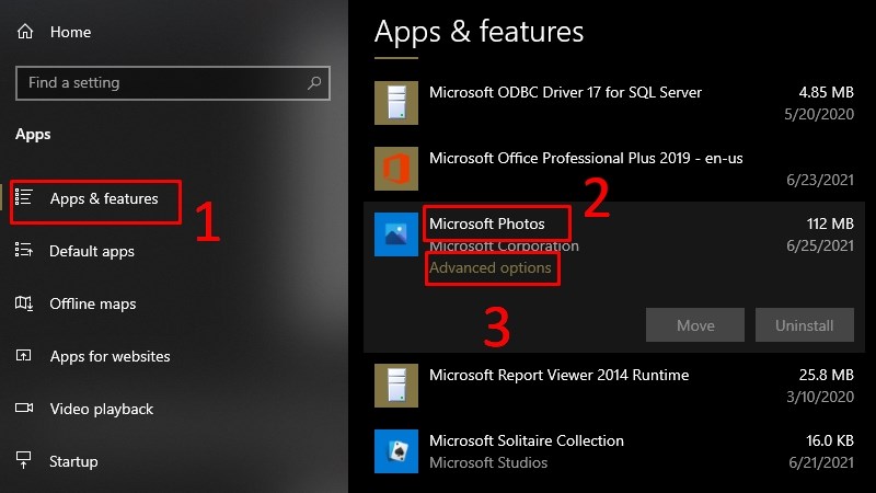 Bạn tiếp tục chọn Advanced options trong phần Microsoft Photos