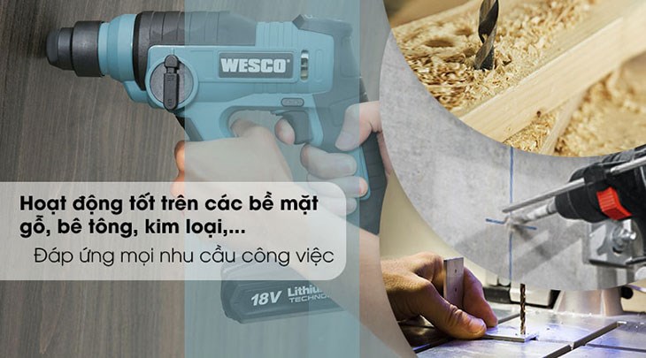 Máy khoan búa pin Wesco WS2940K2 18V đáp ứng hiệu quả công việc cao nhờ khả năng khoan trên nhiều vật liệu