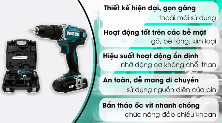 Máy khoan pin Wesco WS2921K2 18V (2 pin, 1 sạc) sử dụng nguồn điện cung cấp bằng pin dễ dàng thay thế, đáp ứng các nhu cầu khoan cơ bản trong gia đình