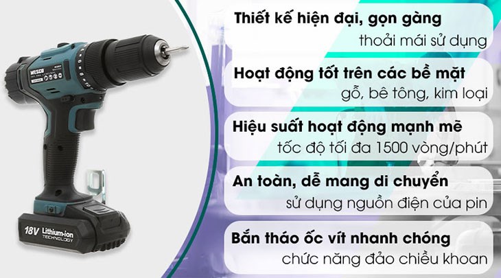 Máy khoan động lực pin Wesco WS2937 18V có giá 1.854.000 đồng (cập nhật tháng 06/2023, có thể thay đổi theo thời gian)