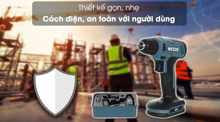 Máy khoan pin Wesco Ws2550K 12V được thiết kế gọn gàng, nhỏ nhẹ tiện thao tác và di chuyển