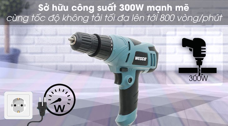 Máy khoan điện Wesco WS3231 300W trang bị công suất 300W, tốc độ khoan không tải 800 vòng/phút