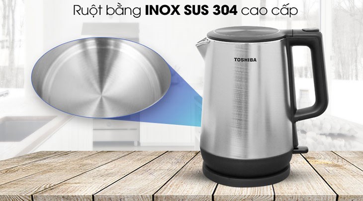 Bình đun siêu tốc Toshiba 1.7 lít KT-17DR1NV có ruột bình bằng inox 304 chất lượng cao, không han gỉ, không độc hại, sử dụng bền, dễ dàng vệ sinh và an toàn sức khỏe