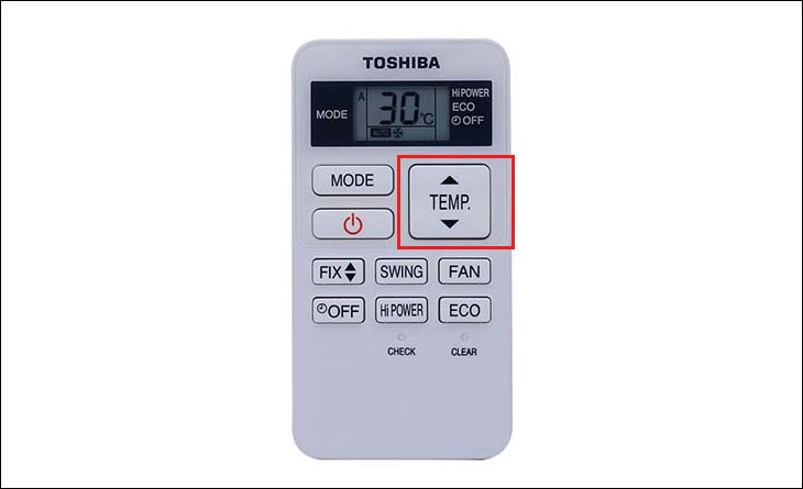 Nhấn nút TEMP để điều chỉnh nhiệt độ trên điều khiển điều hòa Toshiba