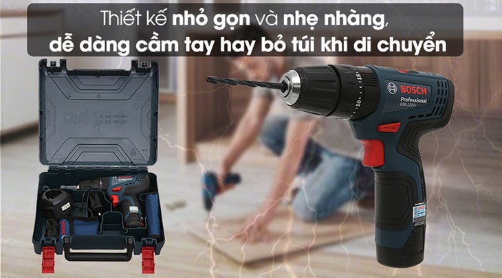 Máy khoan động lực pin Bosch GSB 120-LI 12V có thiết kế nhỏ gọn và nhẹ nhàng, dễ dàng cầm tay hay bỏ túi khi di chuyển