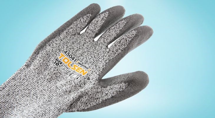 Bao tay vải chống cắt Tolsen 45041 có lớp lót chống cắt 13G cấp độ 5 với lòng bàn tay phủ PU cao cấp