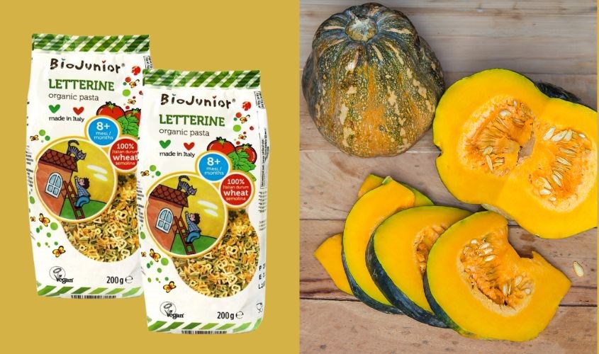 Kết hợp nui ăn dặm lúa mì semolina và rau củ BioJunior 200g với bí đỏ