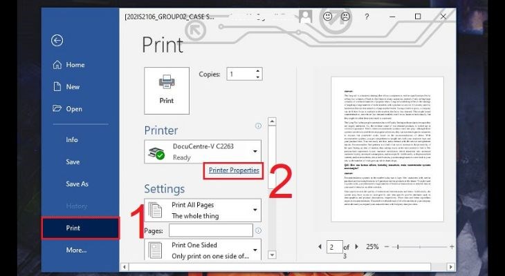 Trong phần này, người dùng chọn Printer Properties ở mục Print để chỉnh sửa cài đặt in