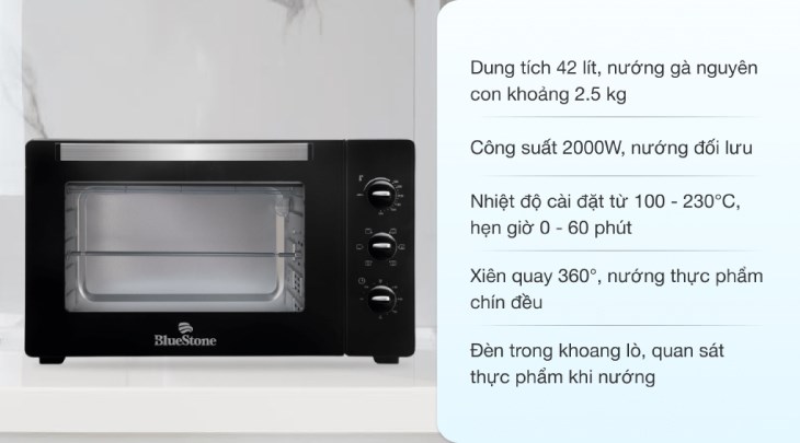Lò nướng BlueStone EOB-7588 42 lít có mức giá 3.799.000 đồng (cập nhật 08/2023, có thể thay đổi theo thời gian) phù hợp với mọi gia đình