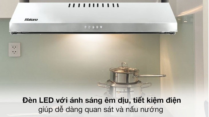 Máy hút mùi Makano được trang bị đèn LED cung cấp ánh sáng cho người dùng khi nấu