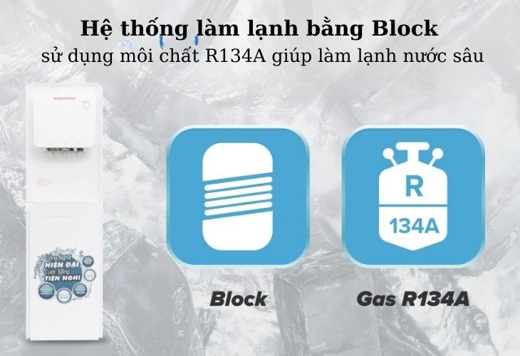 Với hệ thống Block, nước sẽ được làm lạnh nước rất sâu, tương đương với nước để trong tủ lạnh