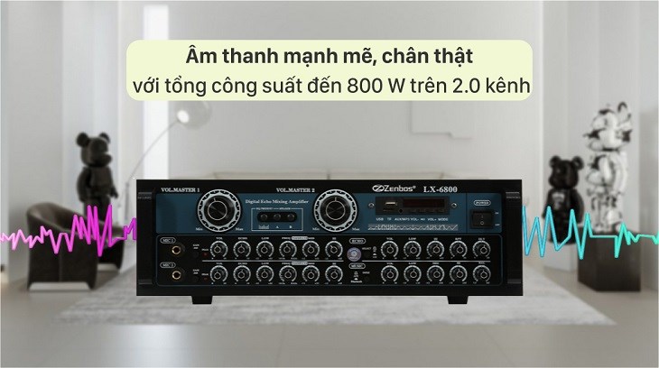 Amply Karaoke Zenbos LX-6800 có tổng công suất 800W mạnh mẽ, có công nghệ khuếch đại âm thanh tốt, loại nhiễu hiệu quả