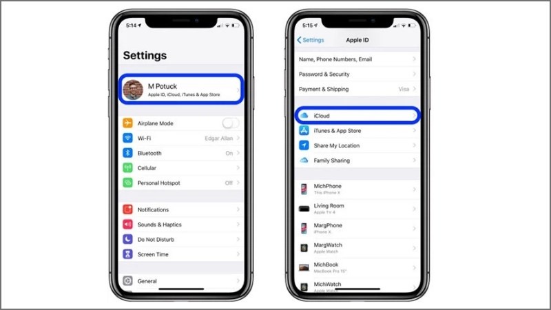 Click chọn tài khoản > Vào iCloud 
