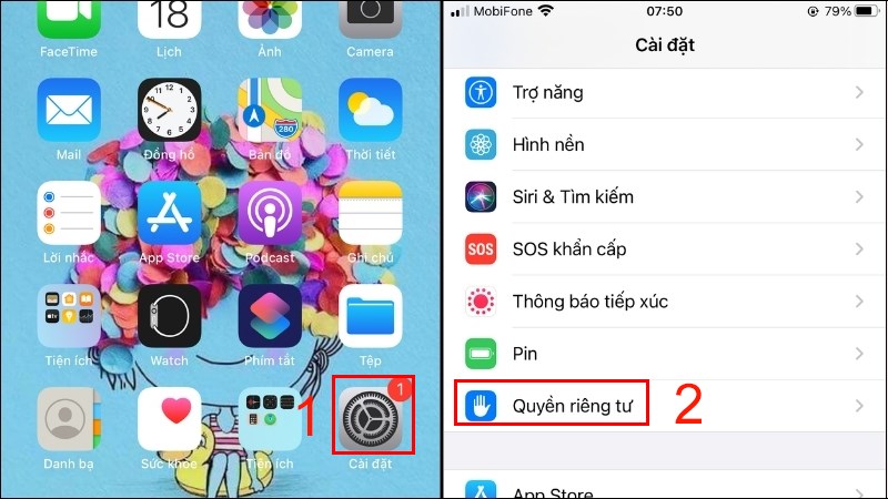 Vào Cài đặt trên điện thoại iPhone > Chọn mục Quyền riêng tư 