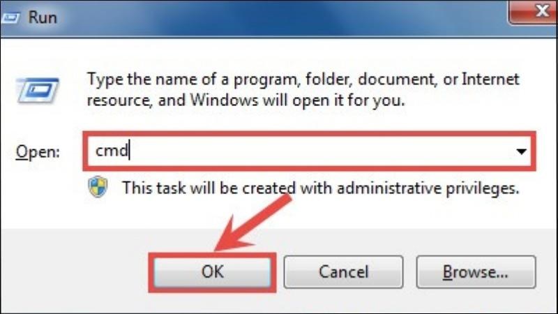 Nhấn Windows + R > Tại ô Open, nhập từ khóa cmd > Nhấn OK
