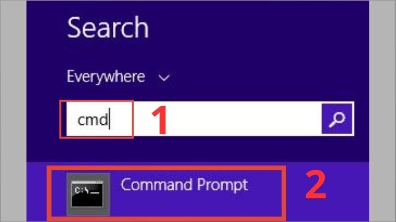 Tại thanh Search, nhập cmd > Chọn Command Prompt