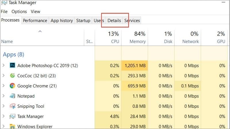 Mở Task Manager > Truy cập thẻ Details