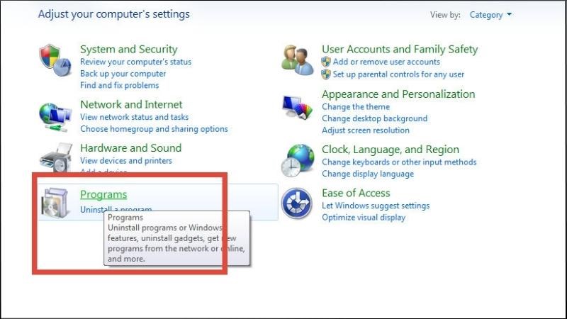 Chọn Programs and Features hoặc Uninstall a program