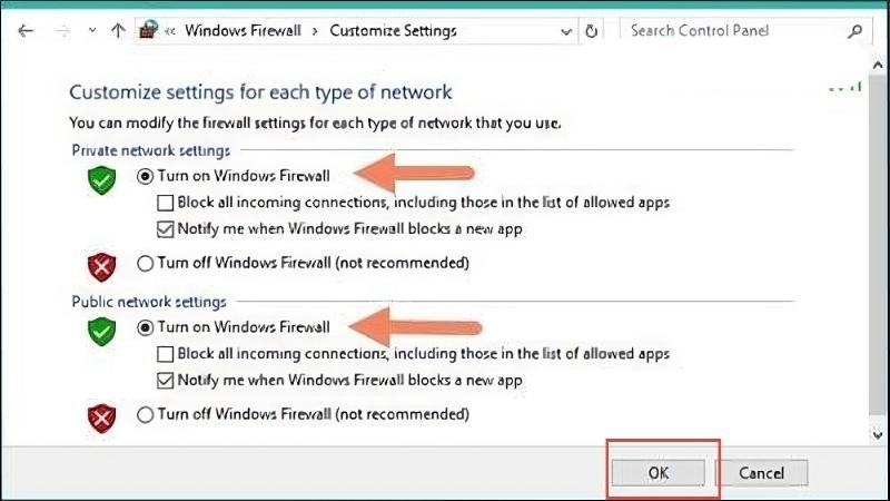 Truy cập vào phần Turn Windows Firewall on or off > Chọn OK