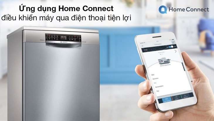 Máy rửa chén độc lập Bosch SMS6ZCI49E có thể được điều khiển từ xa qua ứng dụng Home Connect trên điện thoại tiện lợi