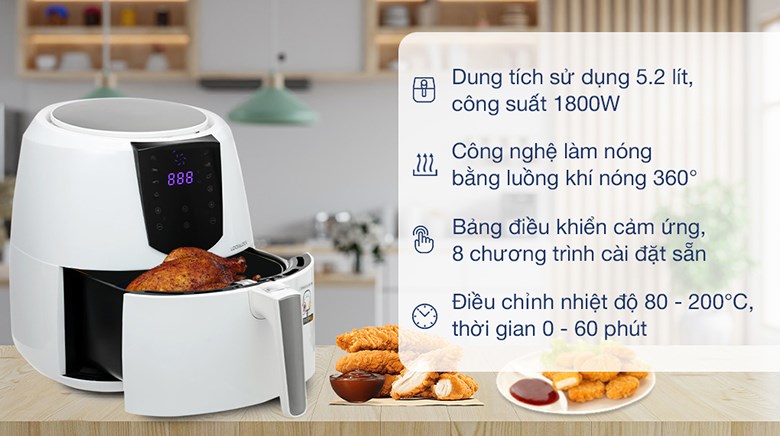 Nồi chiên không dầu Lock&Lock EJF357WHT 5.2 lít, 1800W phù hợp cho gia đình từ 4 thành viên trở lên