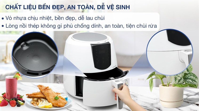 Chất liệu vỏ nhựa và lòng nồi phủ chống dính tiện cho việc chùi rửa và vệ sinh