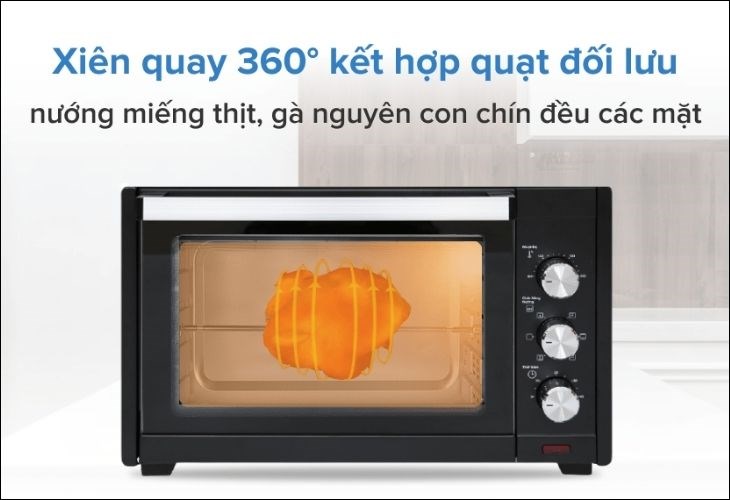 Lò nướng có chế độ nướng quạt đối lưu giúp giúp phân phối đều nhiệt độ lên thực phẩm