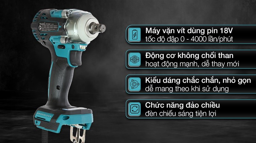 Máy siết bu lông pin Makita DTW300Z 18V sở hữu nhiều ưu điểm như kiểu dáng chắc chắn, khả năng làm việc nhanh chóng
