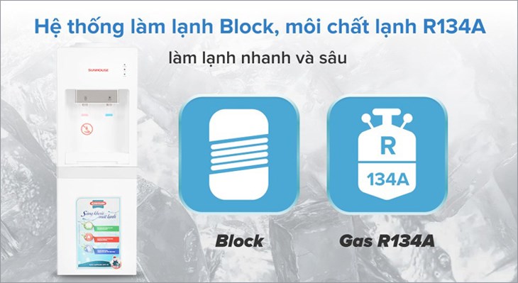 Cây nước nóng lạnh Sunhouse SHD9612 670W được trang bị hệ thống làm lạnh bằng Block có khả năng làm lạnh nước sâu hơn và tiết kiệm điện năng