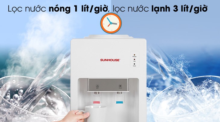 Cây nước nóng lạnh Sunhouse SHD9612 670W có thể lọc được nước nóng 1 lít/giờ và nước lạnh 3 lít/giờ, đáp ứng nhu cầu sử dụng