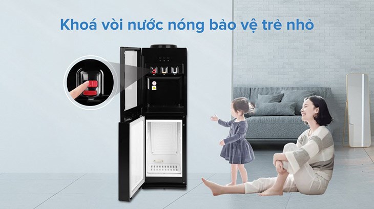 Cây nước nóng lạnh Midea YL1836S-B 520W được trang bị khóa an toàn, hỗ trợ bảo vệ trẻ tối ưu