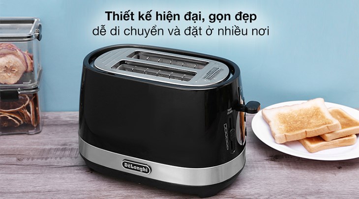 Máy nướng bánh mì Delonghi CTLA2103.BK sở hữu thiết kế sang trọng, màu đen lịch lãm hài hòa nhiều không gian