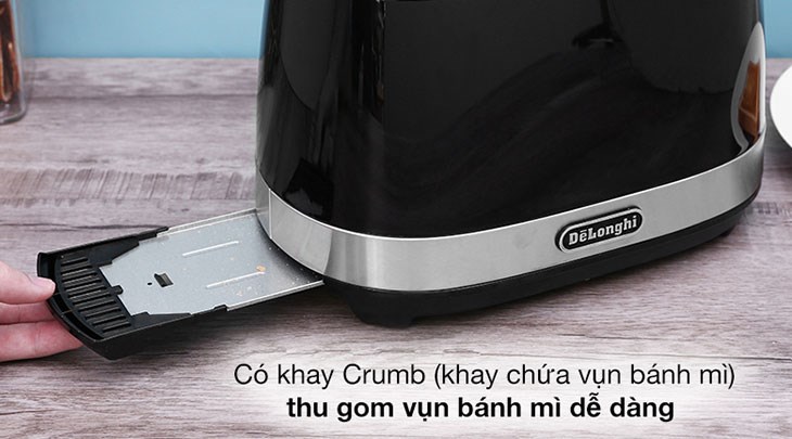 Máy nướng bánh mì Delonghi CTLA2103.BK có khay Crumb thu gom vụn bánh mì dễ dàng