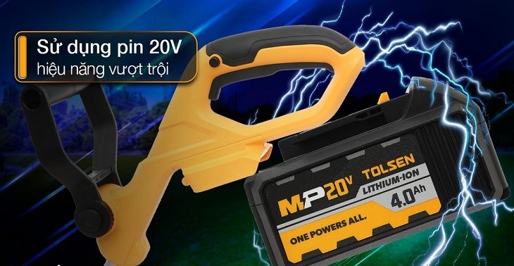 Máy cắt cỏ pin Tolsen 87372 20V sử dụng pin 20V để hoạt động, cho hiệu năng cắt nhanh chóng, vượt trội