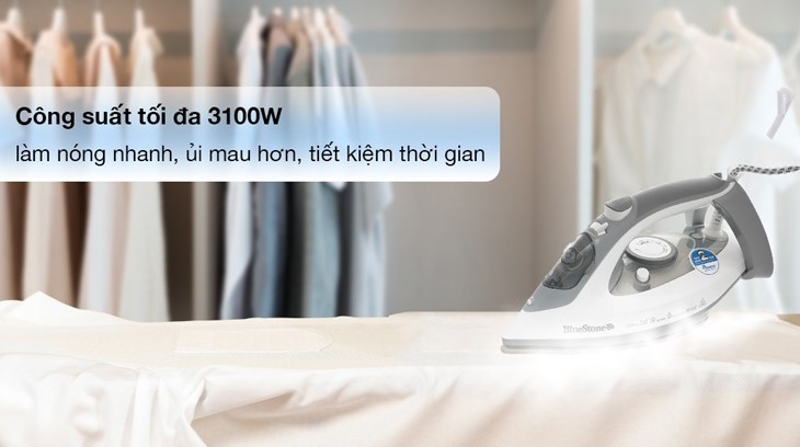 Bàn ủi hơi nước BlueStone SIB-3836 3100W có công suất tối đa lên đến 3100W, giúp làm nóng nhanh và ủi phẳng quần áo hiệu quả Bàn ủi hơi nước BlueStone SIB-3836 3100W có công suất tối đa lên đến 3100W, giúp làm nóng nhanh và ủi phẳng quần áo hiệu quả