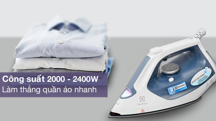 Bàn ủi hơi nước Electrolux E7SI1-60WB 2400W hoạt động với công suất 2000 - 2400W, giúp bạn ủi phẳng mọi nếp nhăn cứng đầu trên quần áo
