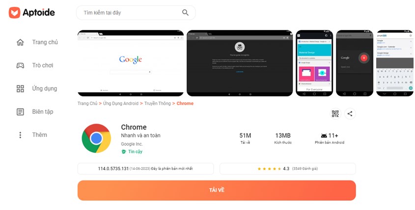 Sau khi tìm kiếm Google Chrome trên Aptoide, bạn chọn phiên bản thích hợp rồi tải xuống