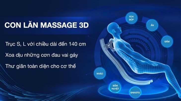 Ghế massage Fuji Luxury FJ 350 sở hữu con lăn massage 3D hỗ trợ xoa bóp, bấm huyệt hiệu quả