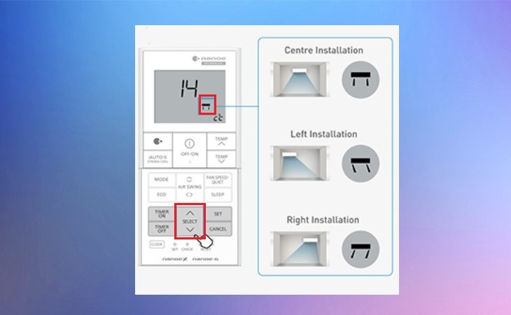 nhấn nút Select trên remote để điều chỉnh vị trí của cánh đảo gió AEROWINGS ở vị trí mong muốn