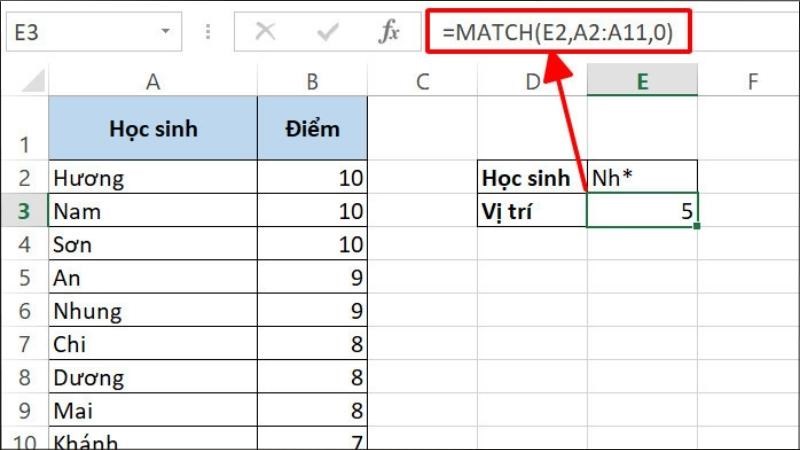 Hàm Match được sử dụng trong việc tìm kiếm vị trí của dữ liệu trong vùng dữ liệu