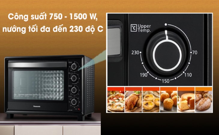 Lò nướng Panasonic NB-H3801KRA 38 lít có nhiệt độ đến 230 độ C, làm thức ăn chín nhanh, ngon và an toàn hơn