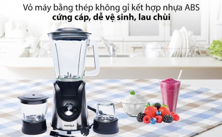 Máy xay sinh tố đa năng Hafele HSB-0621FS (535.43.277) có vỏ máy làm bằng thép không gỉ kết hợp nhựa ABS cứng cáp, thuận tiện lau chùi sau khi sử dụng